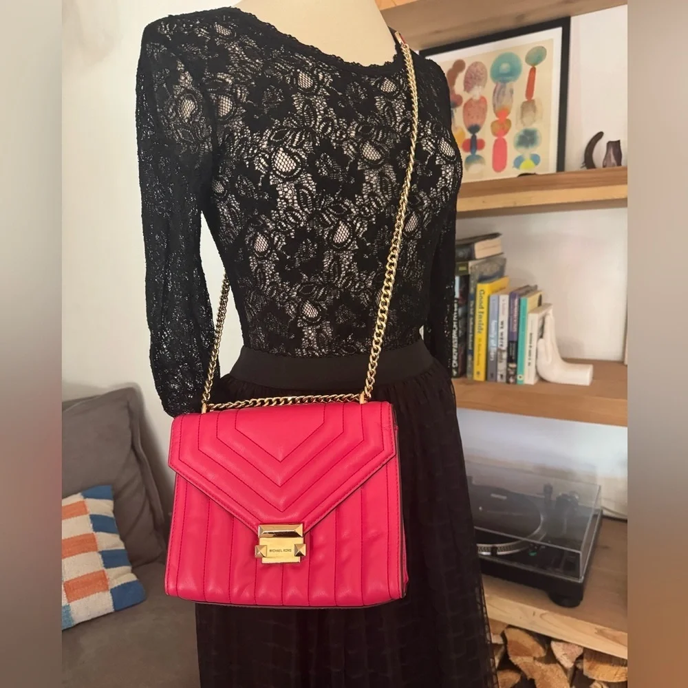 Michael Kors Whitney Medium Flap Chain Shoulder Bag Handbag Purse Electric Pink